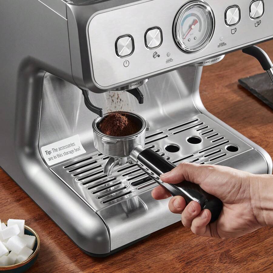 Cafetera espresso con molinillo, cafetera espresso semiautomática de 15 bares con varilla de vapor espumador de leche, tanque de agua extraíble y manómetro para capuchino, latte, machiato, sistema de control PID - Plateado - Ver 1