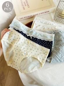 6 pièces/paquet Culottes en coton avec dentelle et nœud mignon pour filles. Slips hanches douces et confortables. - Multicolore - Voir 8