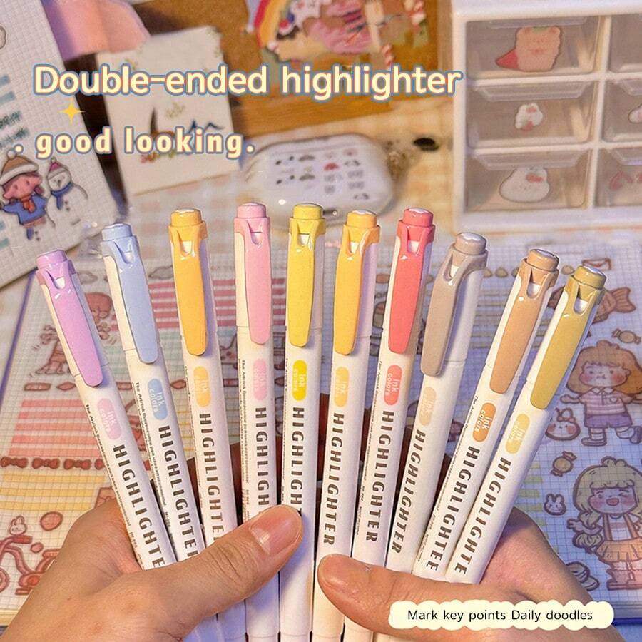 5色荧光笔套装，双头设计，一头为斜头，一头为细头，适用于涂色、划线、高亮、记日记、学校和办公室使用。 - 彩色 - 查看 1