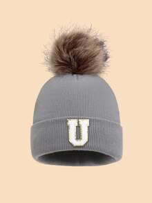 1pc Unisex 26 Letter Decor Faux Fur Pom Pom Knit Beanie Hat, Versatile Warm Windproof Casual Cap, Suitable For Autumn/Winter Outdoor Wear, Great Gift Men Women Clothing Winter