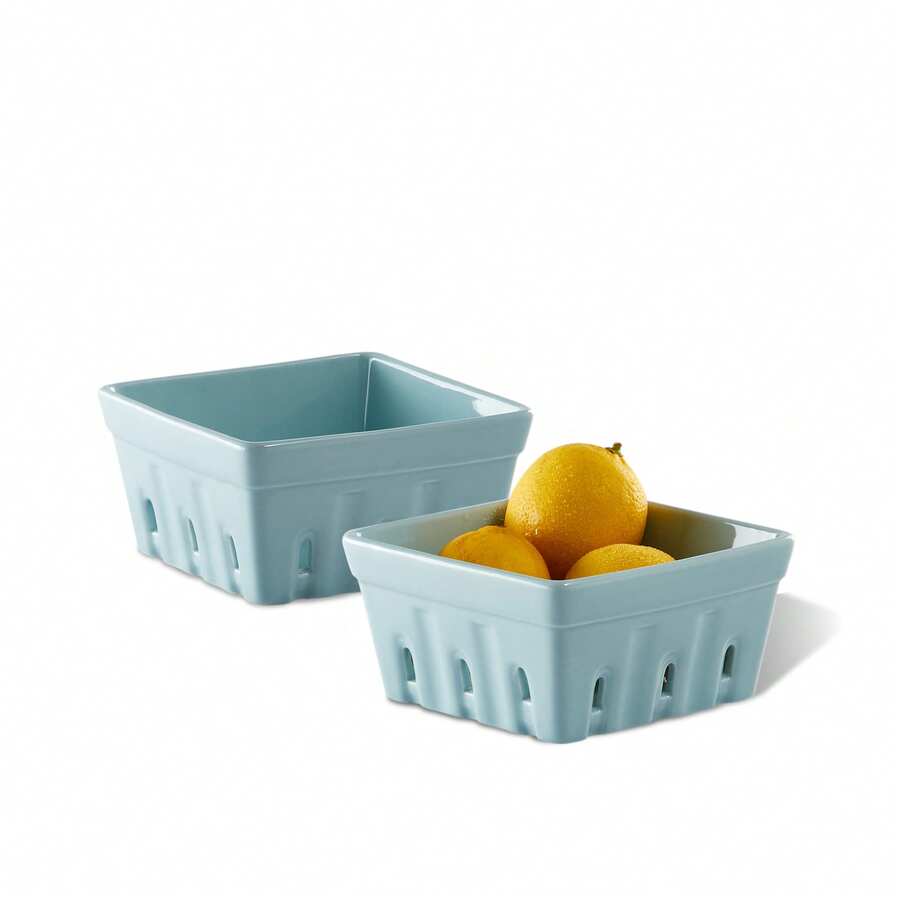 Ceramic Berry Basket Square Fruit Bowls With Holes Berry Bowl Colander Fruit Basket For Kitchen Décor - 5.8" Berry Containers For Fridge, Set Of 2, Blue - Màu xanh nhạt - Xem 1