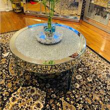 80cm Round Coffee Table Mirrored Glass Center Table With Shiny Crushed Crystal Diamonds - Silver - View 3