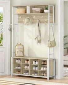 Hzuaneri Garderobenständer mit Schuhbank, Garderobe mit 13 Haken, 14 Offene Fächer, Verstellbare Ablagen, Kleiderständer für Flur, Eingangsbereich, 108 x 31 x 187 cm, Eichefarben-Weiß