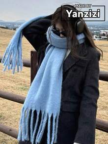 1 pieza Bufanda de invierno para mujer, chal de cachemira sólido azul claro, bufanda gruesa y suave de color azul claro, chal con flecos largos, bufanda de invierno de moda, bufanda para adultos, bufanda azul cielo, capa de cachemira con estilo, cachemira de lujo, bufanda sólida de mujer de color azul claro brillante, chal y envoltorio de invierno, bufanda cuadrada de mujer, bufanda sólida gruesa con flecos, cuello de invierno cálido, chal grueso tejido de lana con flecos, se puede usar