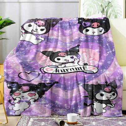 Sanrio 1 pezzo Coperta in flanella con stampa digitale dei personaggi dei cartoni animati Sanrio Hello Kitty e Kuromi, versatile per soggiorno, camera da letto, campeggio, viaggio, senti il calore della morbida, confortevole e dalla texture fine, l'abbraccio porta gioia
