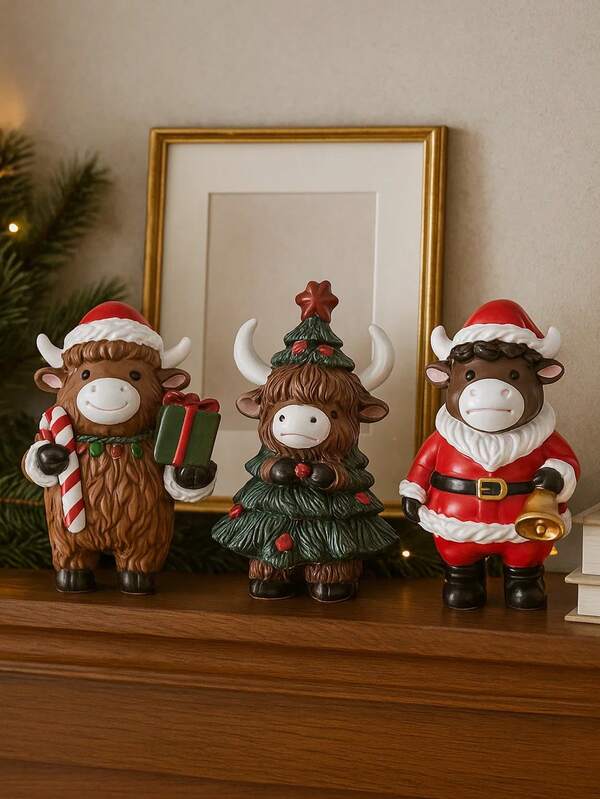 1pc Christmas Decoration Highland Cow Figurine Ornament, Room & Table Decor, Santa/Tree Styles, Xmas Gifts & Stocking Fillers