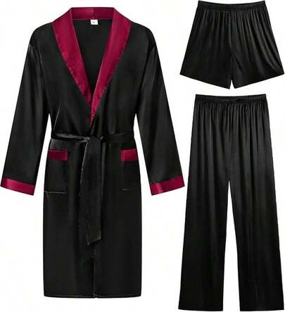 Conjunto de 3 piezas para hombre: bata de seda satinada tipo kimono, pantalones cortos y pantalones, ropa de dormir ligera y suave