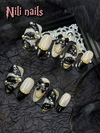 10pcs/Set Handmade Almond Y2K Baddie Style Press On Nails, Naked&Black French Tip Tie Dye Press On Nails Handmade Ribbon&3D Bow&Paired With Pearl Small Steel Bead Jewelry Acrylic Nails Full Cover False Nails For Womenhnlged Occasions Daily Wear Great Gift ForWomen And Girls,With 1 Jelly Pad And 1 Nail File