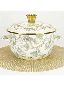 1pc Enamel Ceramic Pot, Dual-Ear Soup Pot, Stew Pot With Lid, Non-Stick Pot, Suitable For Gas And Induction Cooktop, Thickened Enamel Ceramic Soup Pot, Dual-Ear Enamel Ceramic Pot, Household Pot, Stew Pot, Flat Bottom Pot, Ramen Pot