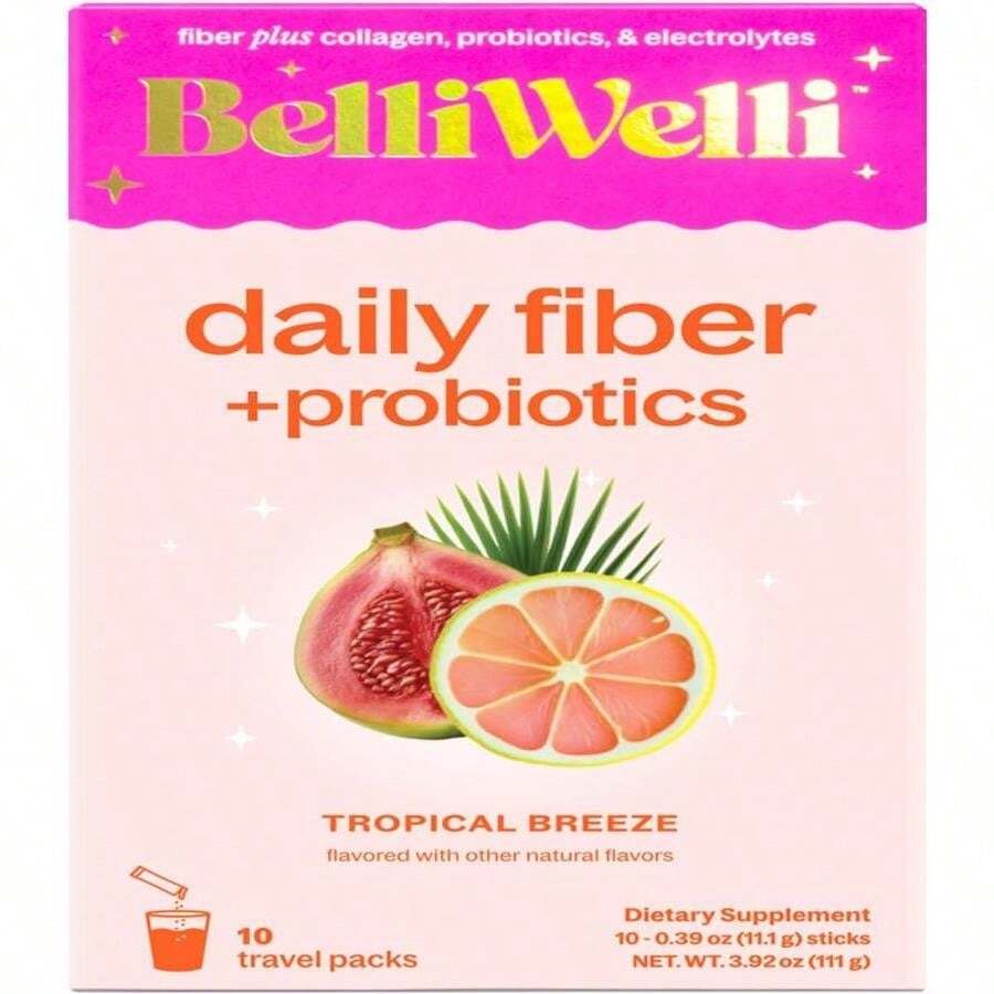 Belli Welli Fiber Supplement, Probiotics Fiber Powder Travel Pack For Women With Collagen &Amp; Electrolytes For Daily Gut Health &Amp; Debloating, Tropical Breeze, 10 Packets - Flavor NameC - 查看 1