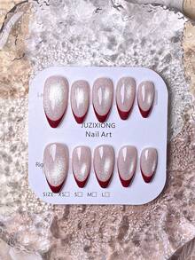 10片手工美甲贴纸，短指甲适用，法式美甲，红色、金色、白色、蓝色可选，圣诞主题美甲，可爱金色雪花十字架装饰，手工钻石堆叠圣诞树和雪花元素，附赠美甲工具，杏仁形美甲贴片，适合女性和女孩。 - 紅色 - 查看 6