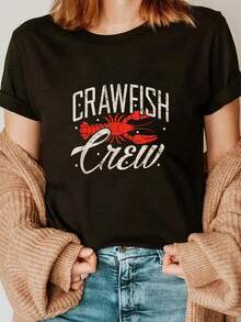 100% Baumwolle Crew Shirt Meeresfrüchte Cajun Kochen Krebs Louisiana T-Shirt Damen Herren Sommer Urlaub Weich Tee Locker Passend Klassischer Komfort Oberteile - Schwarz - Übersicht 1