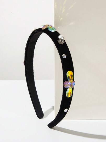 1pc Retro Solid Color Velvet Thin-Edged Baroque Headband, Luxurious High-Quality Sparkling Gemstone Pearl Star Decor Hair Accessory, Women Winter Fashion Headpiece ,Hair Band ,Diadema ,Hair Hoop