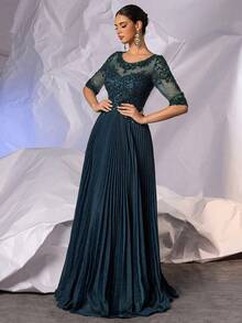 闪亮半袖褶裥正式礼服，适合婚礼宾客；A字长款精致蕾丝晚礼服，饰有亮片手工串珠贴花；优雅新娘母亲礼服；伴娘礼服；女士正式晚礼服；后背拉链 - 藏蓝色 - 查看 4