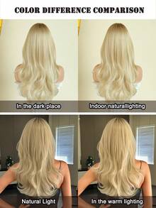Elegant-24 Inch Layered Blonde Highlights Wigs For Women, Long Straight Wigs With Curtain Bangs, High Density Fluffy Synthetic Heat Resistant Fiber Hair Wig For Daily Party Wear, Music Festival Party Use - 挑染金色 - 查看 6