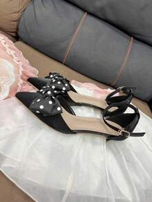 Nuove scarpe eleganti con punta affusolata e tacco alto alla moda per adolescenti, design carino con fiocco a pois, comode e versatili per un uso elegante quotidiano, a scuola, per feste, concerti - nero - Visualizzare 5