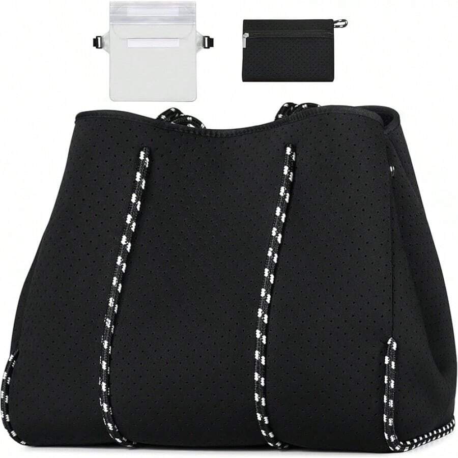 Large Multipurpose Neoprene Beach Tote Bag With Inner Pocket Women/Pool - A1-黑色-升級版 - 查看 1