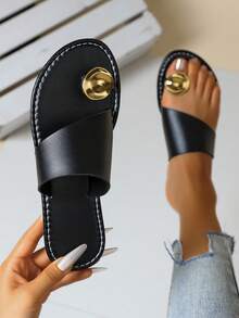 Breezelady Women's Orange Flat SandalsShell Metal Toe Ring Design, SolidColor, Non-Slip PU Leather, Arch-Shaped Casual Beach Vacation Party Sandals - 黑色 - 查看 1