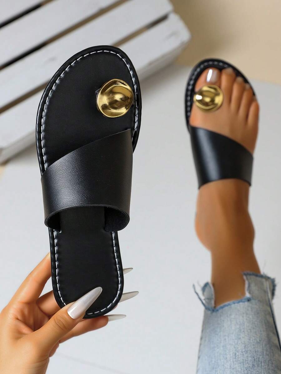 Breezelady Women's Orange Flat SandalsShell Metal Toe Ring Design, SolidColor, Non-Slip PU Leather, Arch-Shaped Casual Beach Vacation Party Sandals - 黑色 - 查看 1