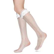 Benefeet Sox Lace Knee High Socks Women Girls Patterned Mesh Fishnet Knee High Stockings Hollow Calf Lolita Sock{"Color_name":"White-LaceRuffleFloralPattern"} - 白色蕾絲荷葉邊花卉圖案 - 查看 1