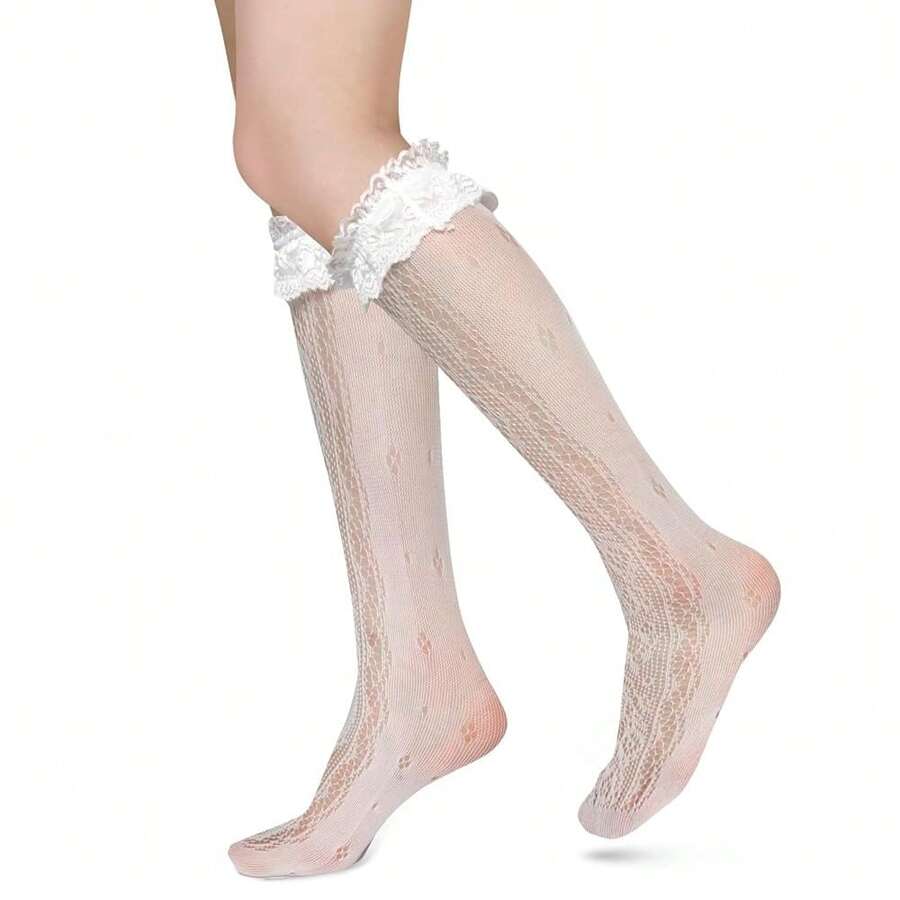 Benefeet Sox Lace Knee High Socks Women Girls Patterned Mesh Fishnet Knee High Stockings Hollow Calf Lolita Sock{"Color_name":"White-LaceRuffleFloralPattern"} - 白色蕾絲荷葉邊花卉圖案 - 查看 1