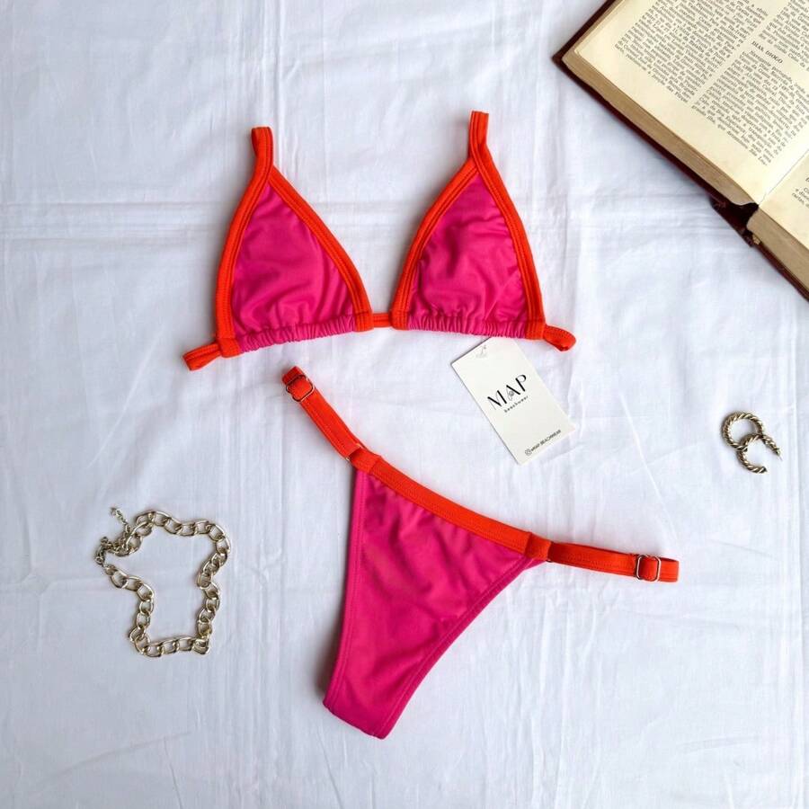 Bicolor Triangle Bikini With Adjustable String Panties - 粉紅色與橘色(雙色) - 查看 1