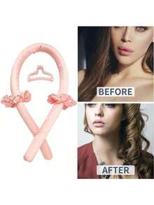 Heatless Curling Rod Headband No Heat Silk Ribbon Curling Rod Hair Roller Curls With Hair Claw Clip Lazy Natural Soft Wave DIY Hair Rollers Styling Tool For Sleep In Overnight (Black)-(The Clips Are Random Styles) - 彩色 - 查看 4