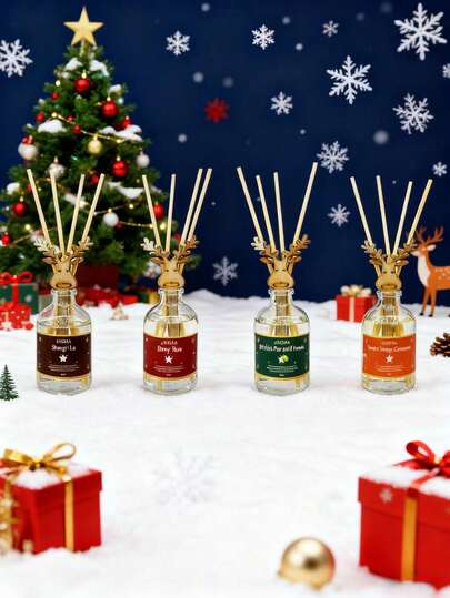 1 pieza Aromaterapia sin fuego navideña con placa de madera con diseño de ciervo y empaque exquisito, múltiples aromas a elegir, creando un ambiente festivo con aromaterapia sin fuego navideña (el color y la cantidad de ratán son aleatorios)