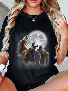 100% Cotton 3 Horses Howling At The Moon Funny Horse Lover Equestrian T-Shirt Women's Men's Summer Vacation Soft Tee Relaxed Fit Classic Comfort Tops - 黑色 - 查看 5