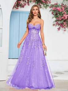 Strapless Lace Mesh Prom Dresses For Women Embroidery Sparkly Rhinestone Party Ball Gown Floor Length A Line Tulle Applique Evening Dresses Corset Boned - 淡紫色 - 查看 7