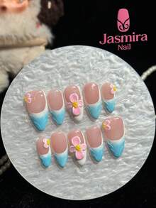 10 Pcs Of Pure Handmade Y2k Press-On Almond Nails, French Tip, Short Nails, Blue Nails, Pink Nails, Handmade Pink Carvings, White Nails Are Fresh And Sweet, Suitable For Women, Girls Home, Festivals, Birthday Gifts And Other Occasions Press-On Nails, Reusable 3D Full Cover Press-On Short Nails - Multicolor - View 3