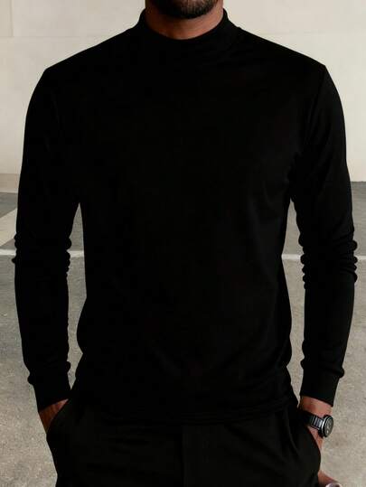 Camiseta de manga larga con cuello medio de tortuga casual para hombres, adecuada para uso diario y viajes casuales