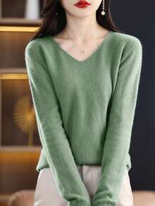 100% 美利奴羊毛女士毛衣 V 领套头衫 一线成衣休闲长袖无缝针织毛衣 - 橄欖綠 - 查看 3