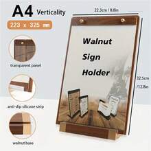 1PC Walnut Wood Base Tent Sign Holder With Metal Finish And Transparent Panel, Anti-Slip Silicone Strip, A4 Size Display For Certificates, Menus, And Signs