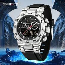 SANDA. Reloj SANDA SD6296 para hombres, de lujo, multifuncional, luminoso, con doble pantalla, reloj deportivo impermeable de cuarzo para hombres - Plateado - Ver 5
