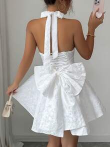 Unadoll 女士春季提花面料深V领露背吊带蝴蝶结性感浪漫连衣裙，适合婚礼、派对、晚宴、生日、鸡尾酒会、情人节等场合。优雅派对 - 白色 - 查看 2