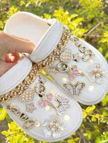 16pcs/Set Fashionable DIY Pink Rhinestone Ballet Angel Girl Charms, Pearl Heart, Star, Gold Glitter Butterfly, Faux Pearl Camellia Detachable Shoe Clips Decorations, Suitable For Beach Shoes, Hollow Sandals, Slippers, Clogs, All Seasons, Ideal Holiday Gift