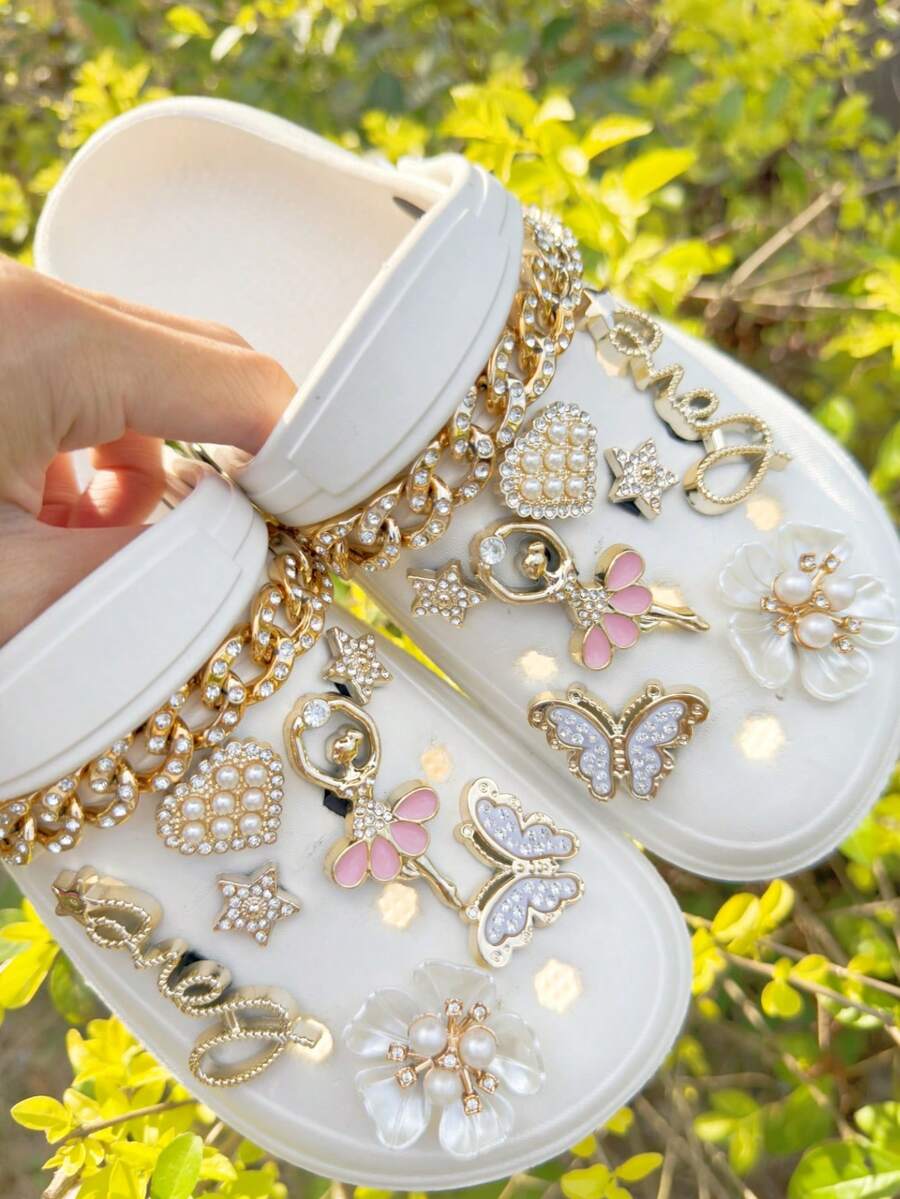 16pcs/Set Fashionable DIY Pink Rhinestone Ballet Angel Girl Charms, Pearl Heart, Star, Gold Glitter Butterfly, Faux Pearl Camellia Detachable Shoe Clips Decorations, Suitable For Beach Shoes, Hollow Sandals, Slippers, Clogs, All Seasons, Ideal Holiday Gift