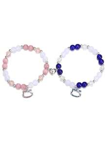 Sanrio 2pcs Set Hello Kitty Charm Beaded Bracelet With Heart Magnetic Clasp, Couple Bracelet, Cute Bracelet, Suitable For Daily Outfit, Gift For Boyfriend/Girlfriend
