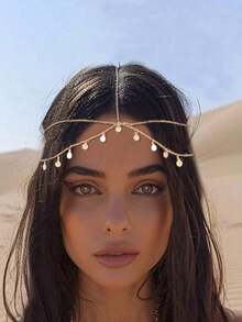 1 Pc Boho Gold Sequins Head Chain - Layered Bridal Headpiece, Festival Halloween Wedding Hair Accessories For Women, Sparkly Hair Jewellery - 金色 - 查看 7