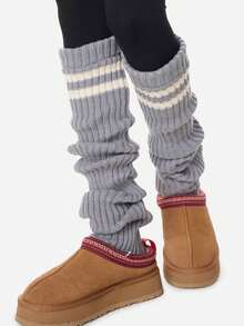 Bardzo długie i grube, ciepłe, prążkowane getry za kolano, dzianinowe getry 70 cm, jednolity kolor