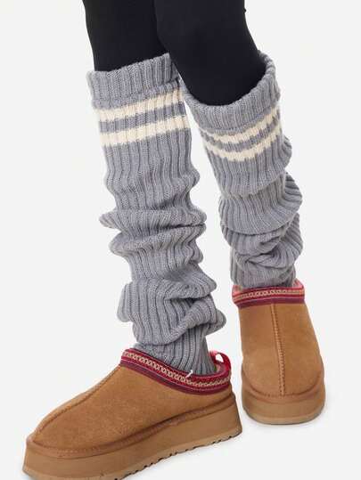 Bardzo długie i grube, ciepłe, prążkowane getry za kolano, dzianinowe getry 70 cm, jednolity kolor