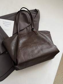 时尚简约大容量撞色拉链开合女士手提包，休闲百搭，适合日常使用、通勤、工作、学校、学习 - 咖啡 - 查看 8