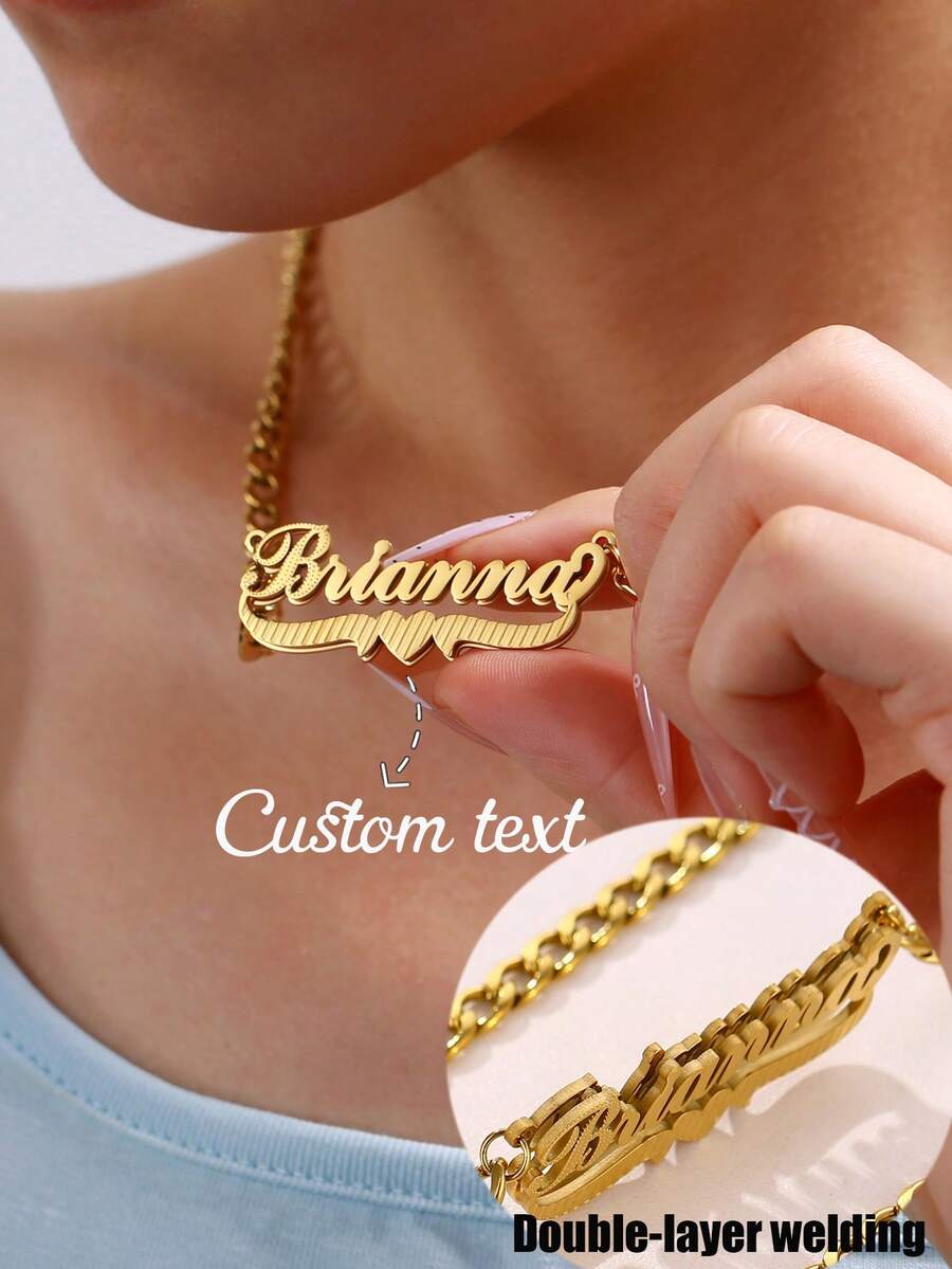 Custom Double-Layer Gold-Plated Nameplate 3D Nameplate Necklace, Stainless Steel Heart-Shaped Butterfly Layered Necklace, Paired With 5mm Thick Chain Pendant, Suitable For Various Occasions As Gift Or Personal Wear - Gold - View 1
