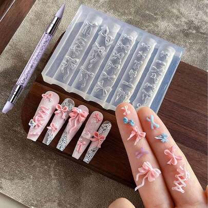 2个3D蝴蝶结形硅胶美甲模具，配1支美甲笔，可爱蝴蝶结美甲模板DIY，可重复使用的美甲沙龙配件和美甲装饰品