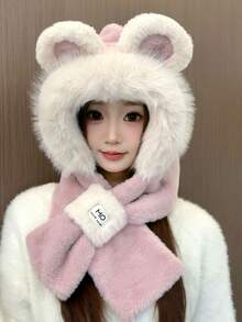 Süßer kleiner Bären Hut und Schal in einem, Damen Herbst und Winter neue vielseitige, dicke, warme und kälteresistente Reit-Plüschschal, Mädchen Cartoon Outdoor Festival regulärer gestrickter Hut, für Weihnachten