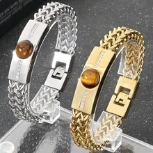 Classic Men's Bracelet With Tiger Eye Stone 12MM Width Gold Color Stainless Steel Link Chain Man Bracelets Jewelry Accessory - Gold - View 2