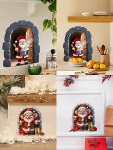 1 PIEZA Pegatina de arco de piedra 3D navideño - Adhesivo de Papá Noel chef cocinando con acentos de cristal para decoración de ventana de cocina, vinilo semi mate para superficies, forma decoración festiva de chimenea y puerta