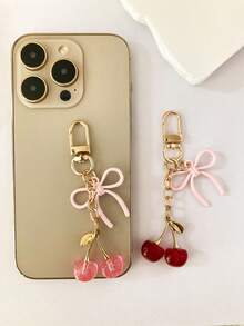 1 pieza Nuevo llavero de mujer con lazo de cereza de metal, accesorio de lazo de moda, colgante minimalista de estilo Ins para bolsa, regalo de vuelta al colegio