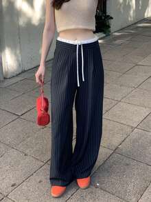 Quần ống rộng kẻ sọc phối màu tương phản phong cách Hàn Quốc cổ điển, dây rút eo, kiểu dáng thường ngày (sọc ngẫu nhiên), thích hợp cho mùa xuân. - Màu xanh hải quân - Xem 5